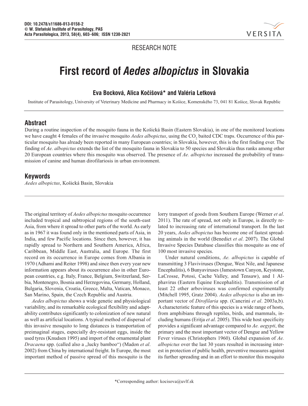 First Record of Aedes Albopictus in Slovakia