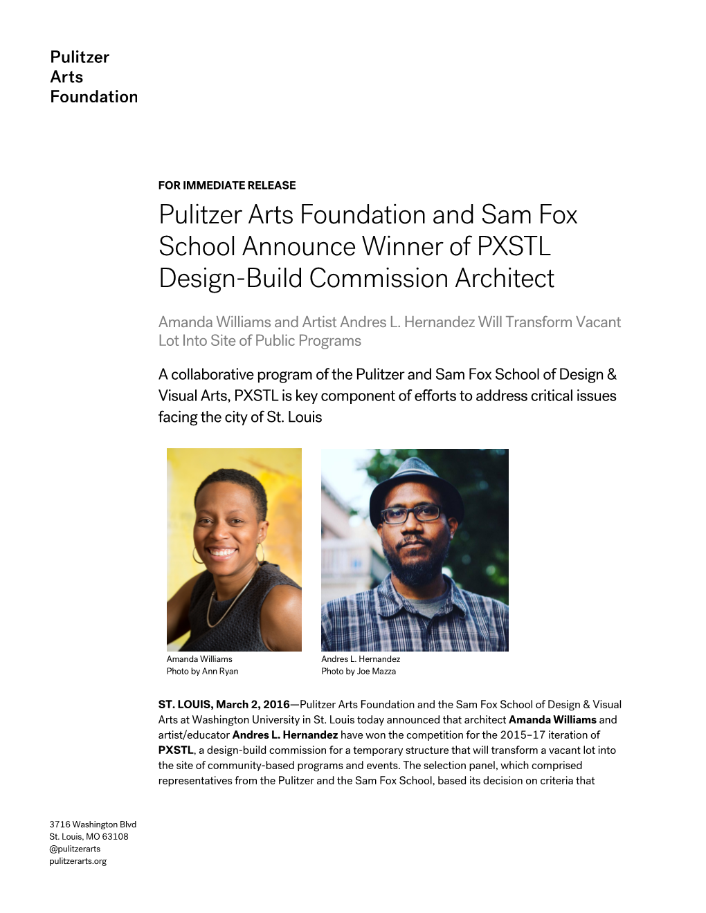 Pulitzer Arts Foundation and Sam Fox School Announce Winner of PXSTL Design-Build Commission Architect