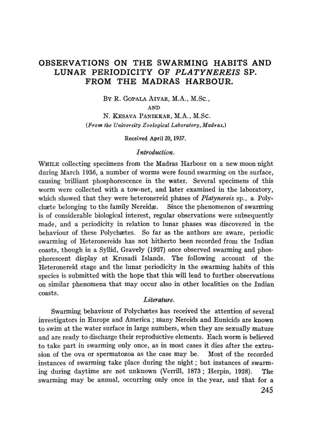 Observations on the Swarming Habits and Lunar Periodicity Of<Emphasis