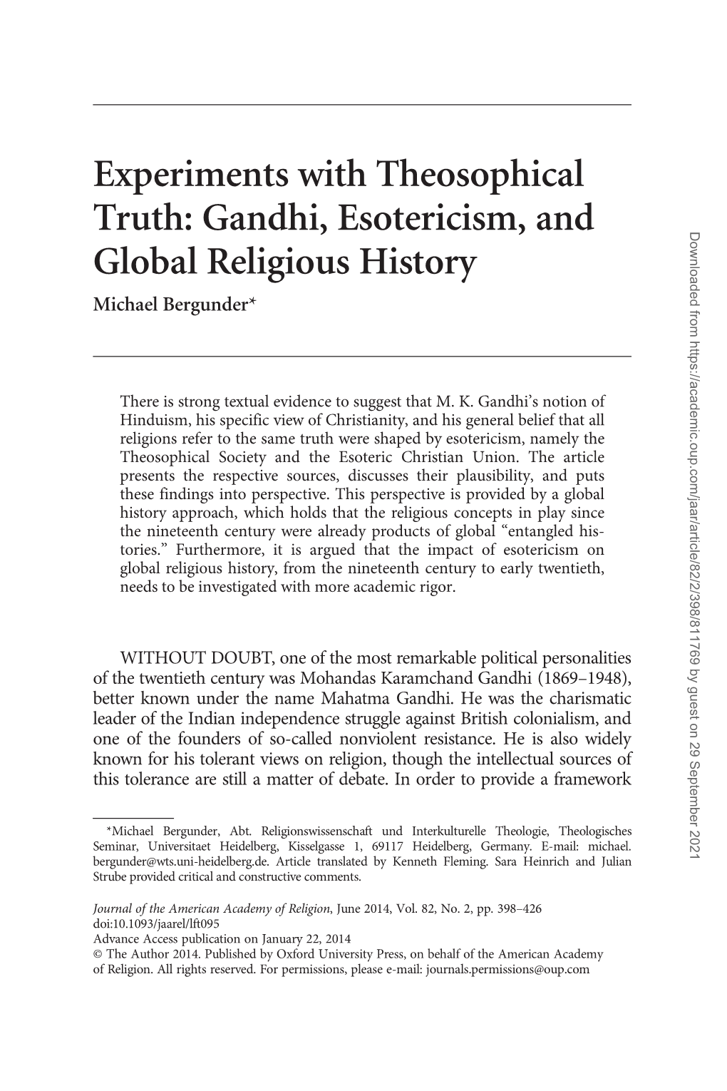 Experiments with Theosophical Truth: Gandhi, Esotericism, and Global