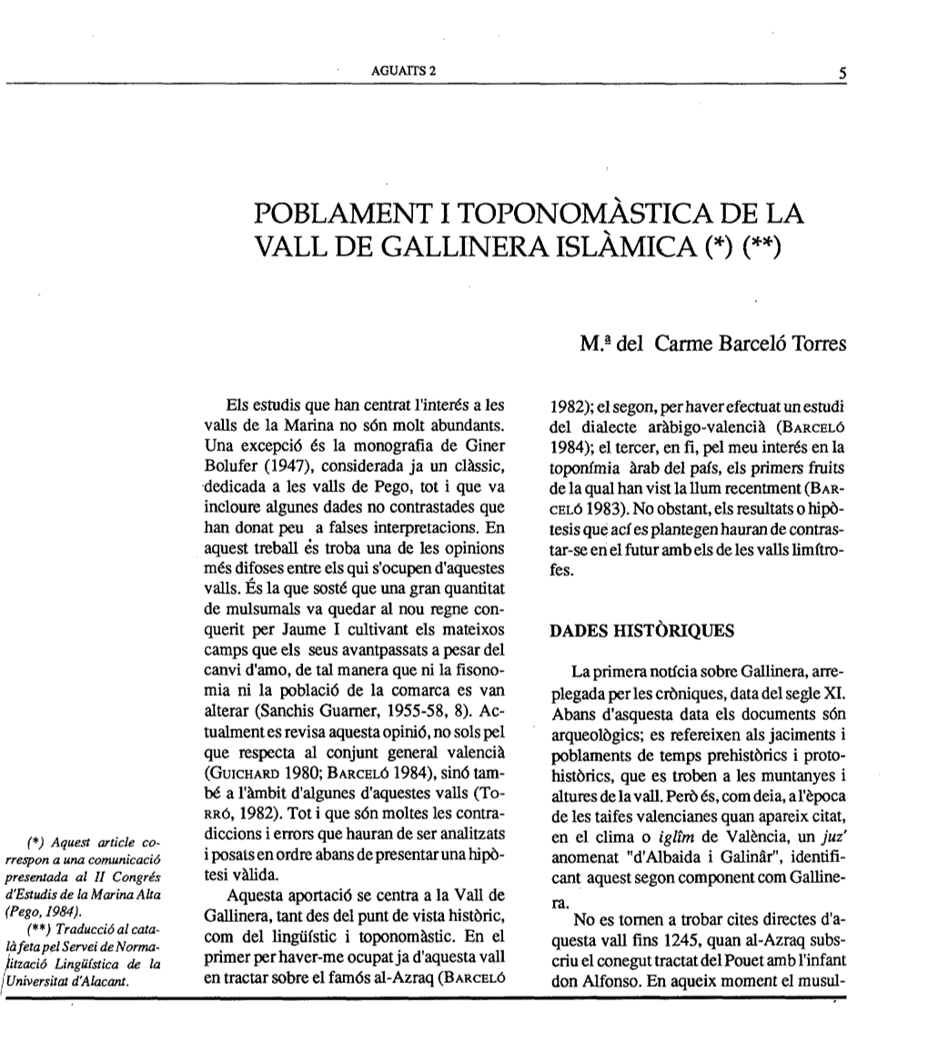 Poblament Itoponomastica De La Vall De Gallinera Islàmica (*) (**)