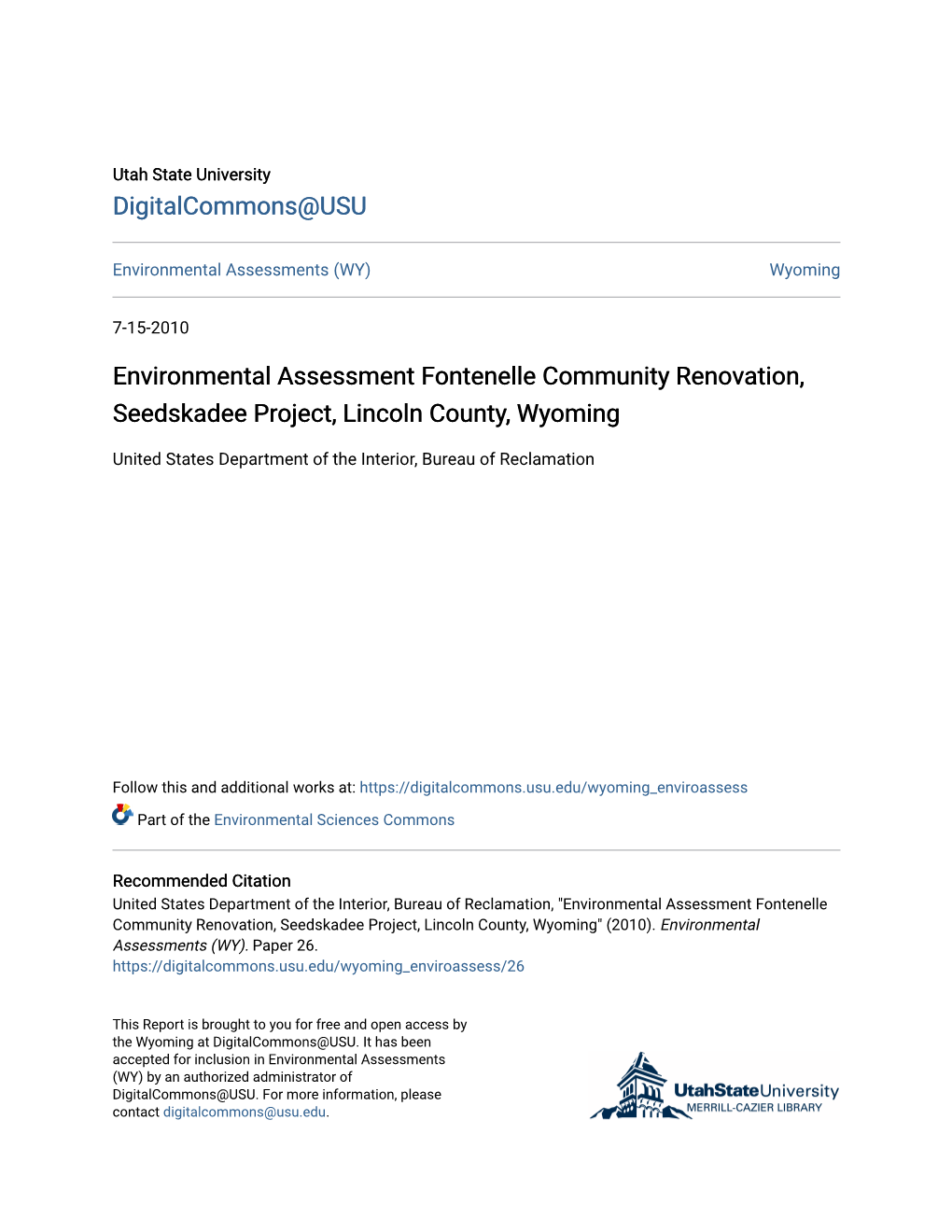 Environmental Assessment Fontenelle Community Renovation, Seedskadee Project, Lincoln County, Wyoming