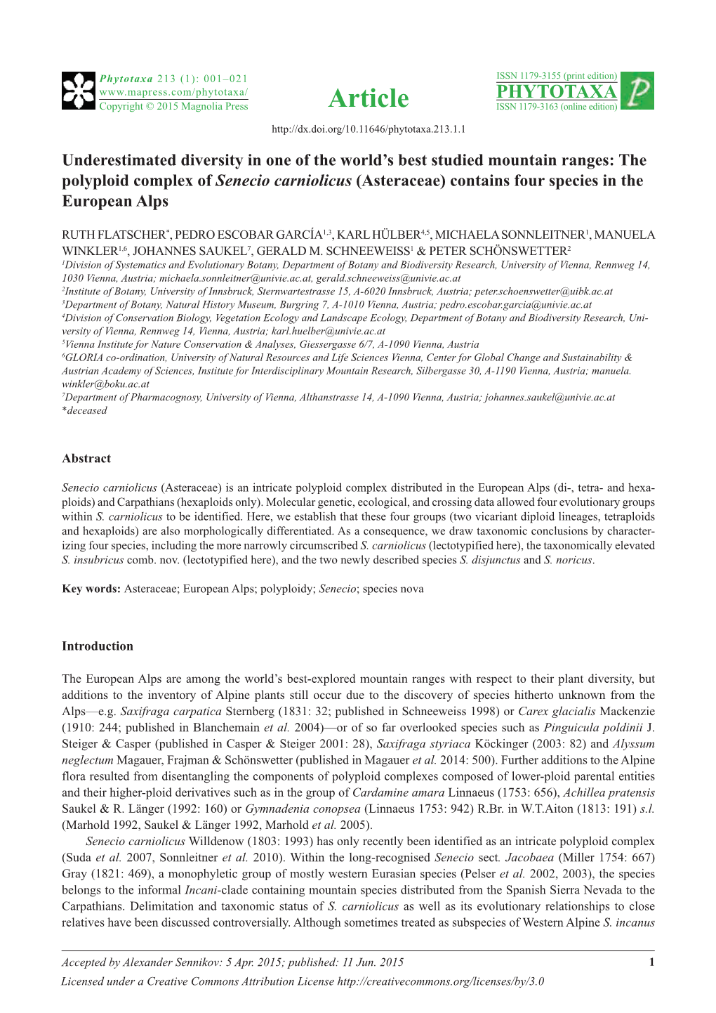 The Polyploid Complex of Senecio Carniolicus (Asteraceae) Contains Four Species in the European Alps