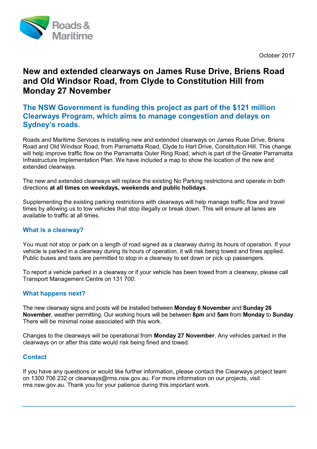 New and Extended Clearways on James Ruse Drive, Briens Road and Old Windsor Road, from Clyde to Constitution Hill from Monday 27 November