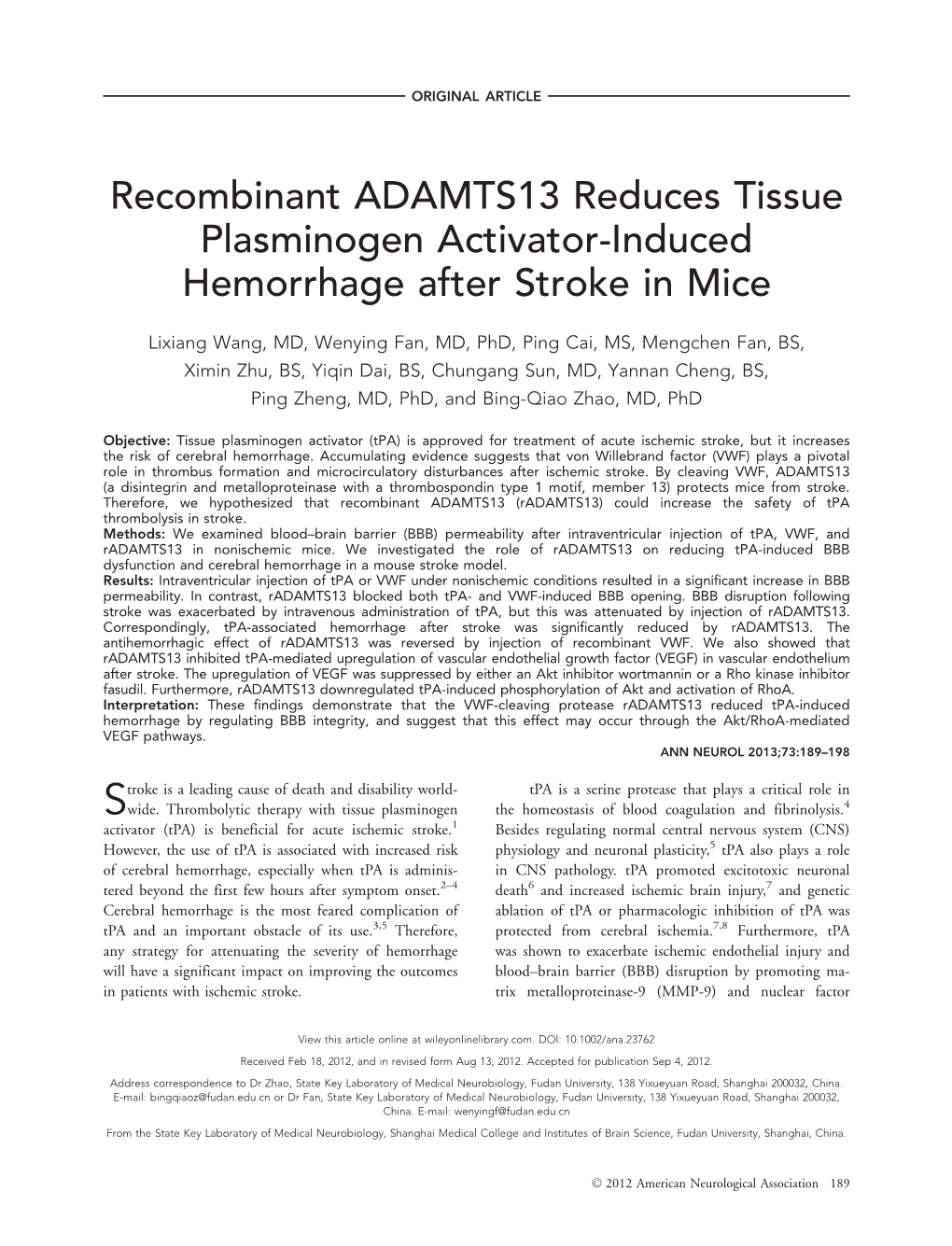 Recombinant ADAMTS13 Reduces Tissue Plasminogen Activator-Induced Hemorrhage After Stroke in Mice