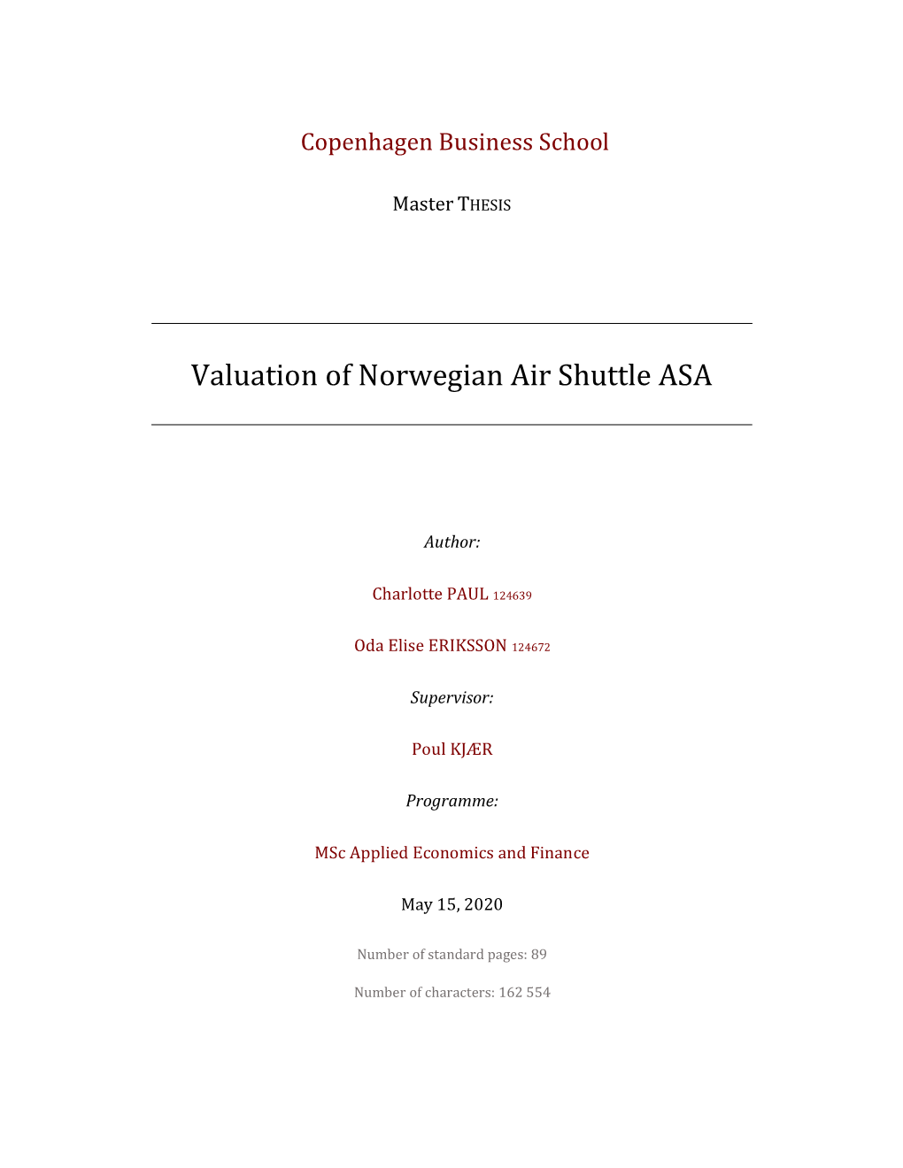 Valuation of Norwegian Air Shuttle ASA