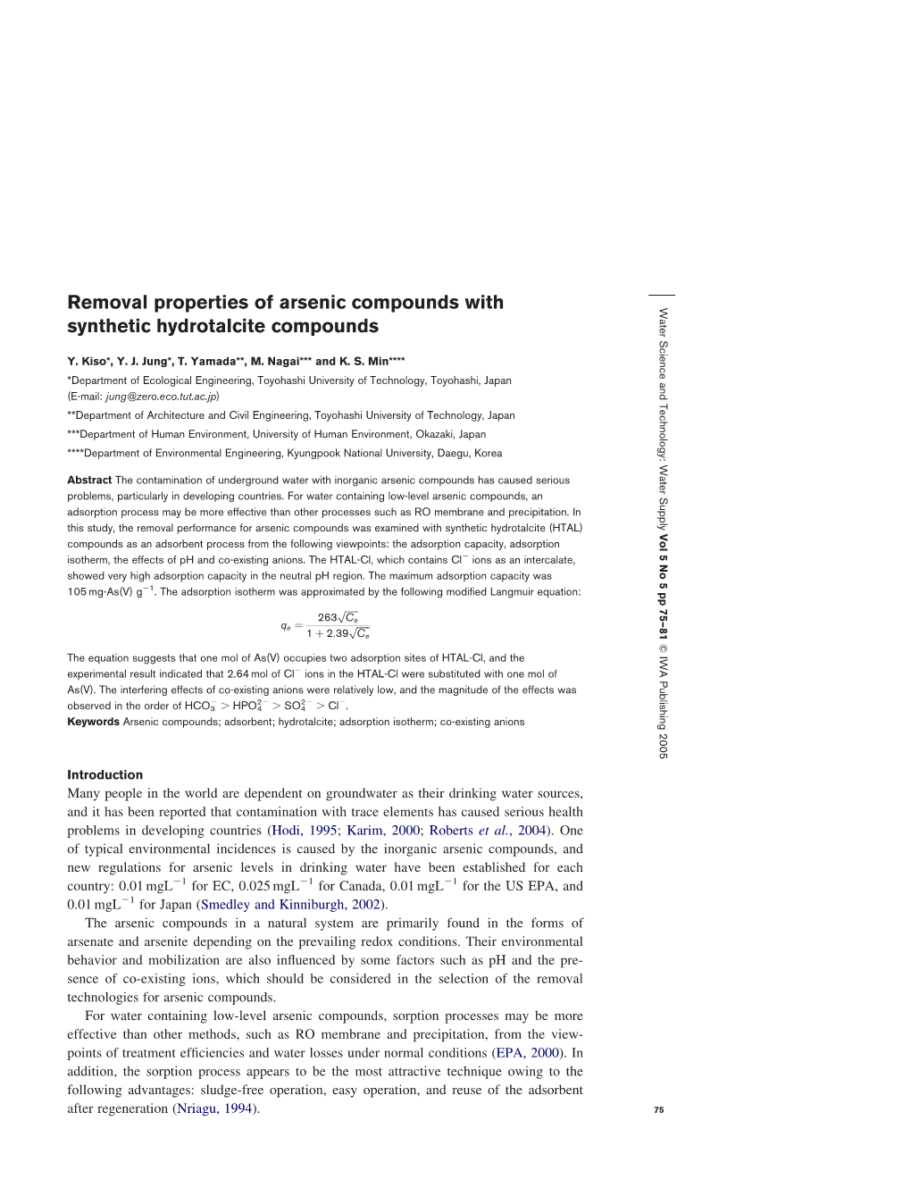 Removal Properties of Arsenic Compounds with Synthetic