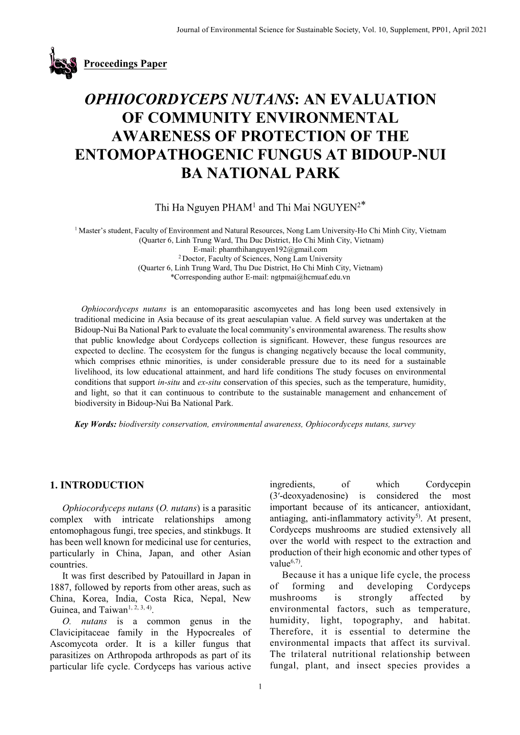 Ophiocordyceps Nutans: an Evaluation of Community Environmental Awareness of Protection of the Entomopathogenic Fungus at Bidoup-Nui Ba National Park