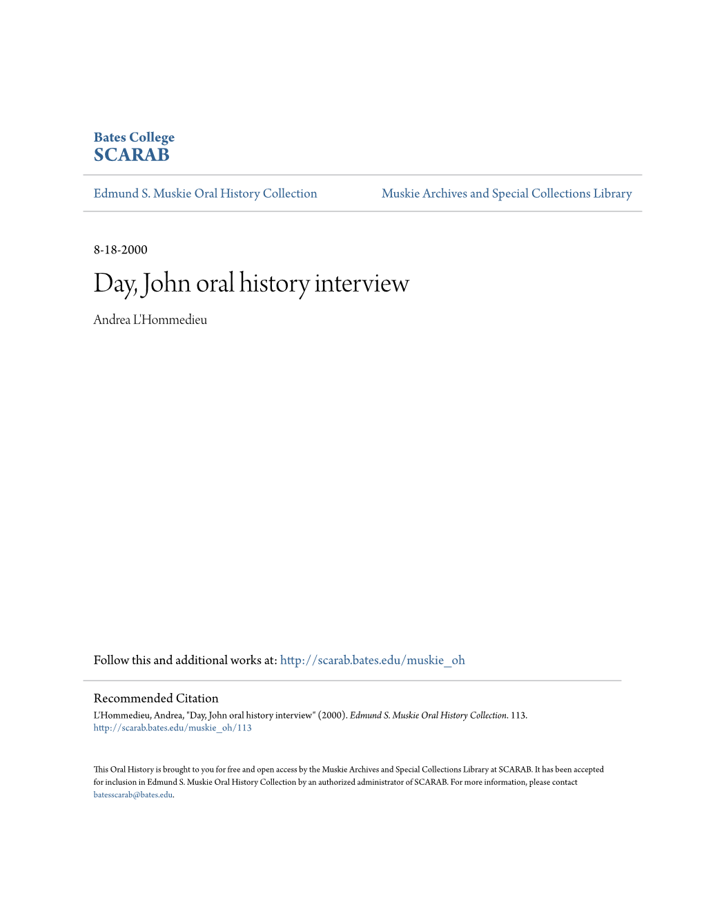 Day, John Oral History Interview Andrea L'hommedieu