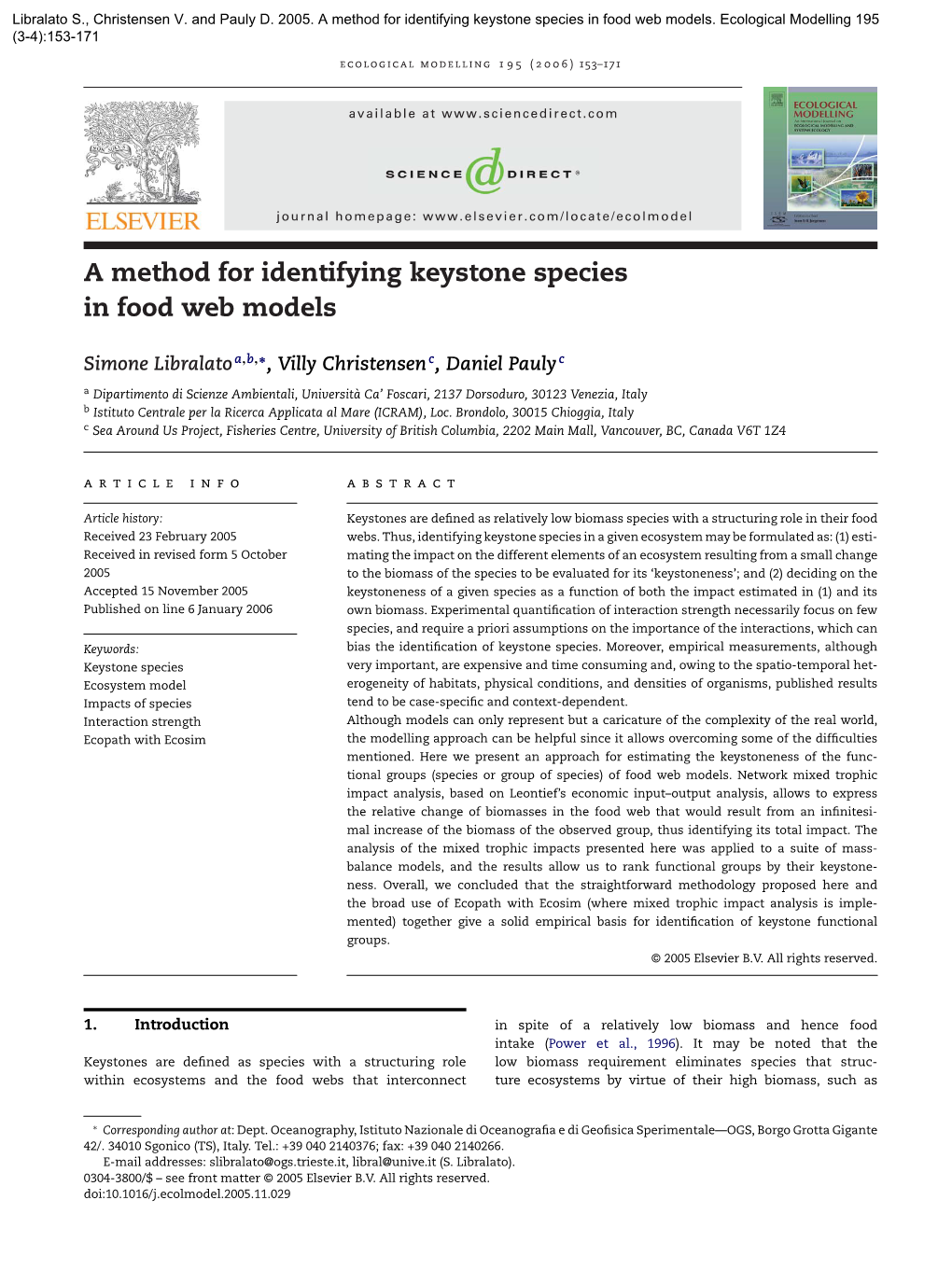 A Method for Identifying Keystone Species in Food Web Models