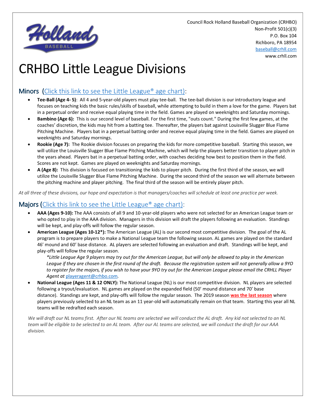 CRHBO Little League Divisions