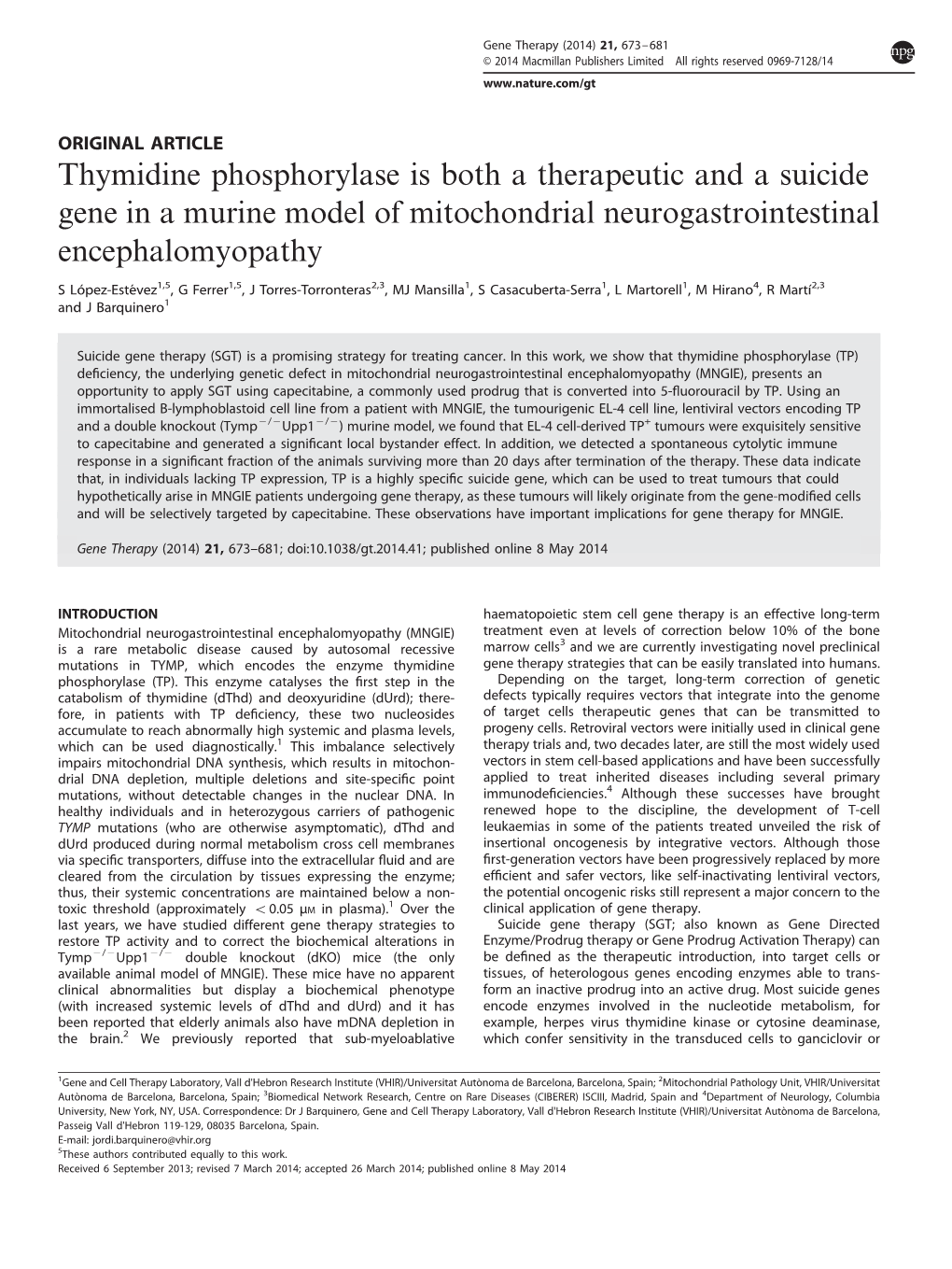 Thymidine Phosphorylase Is Both a Therapeutic and a Suicide Gene in a Murine Model of Mitochondrial Neurogastrointestinal Encephalomyopathy