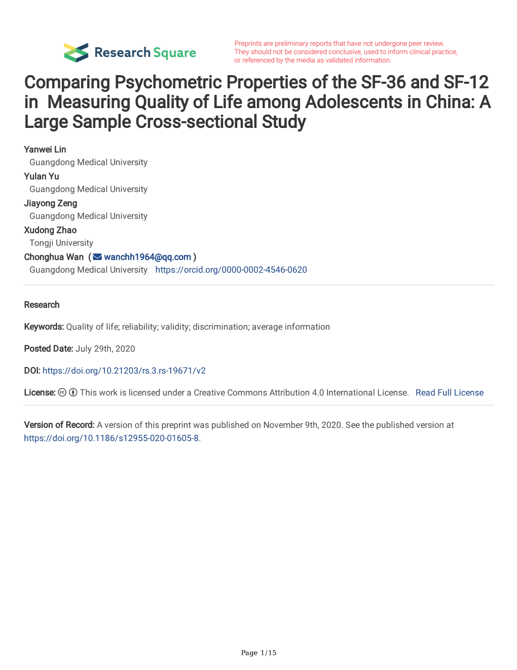 Comparing Psychometric Properties of the SF-36 and SF-12 in Measuring Quality of Life Among Adolescents in China: a Large Sample Cross-Sectional Study