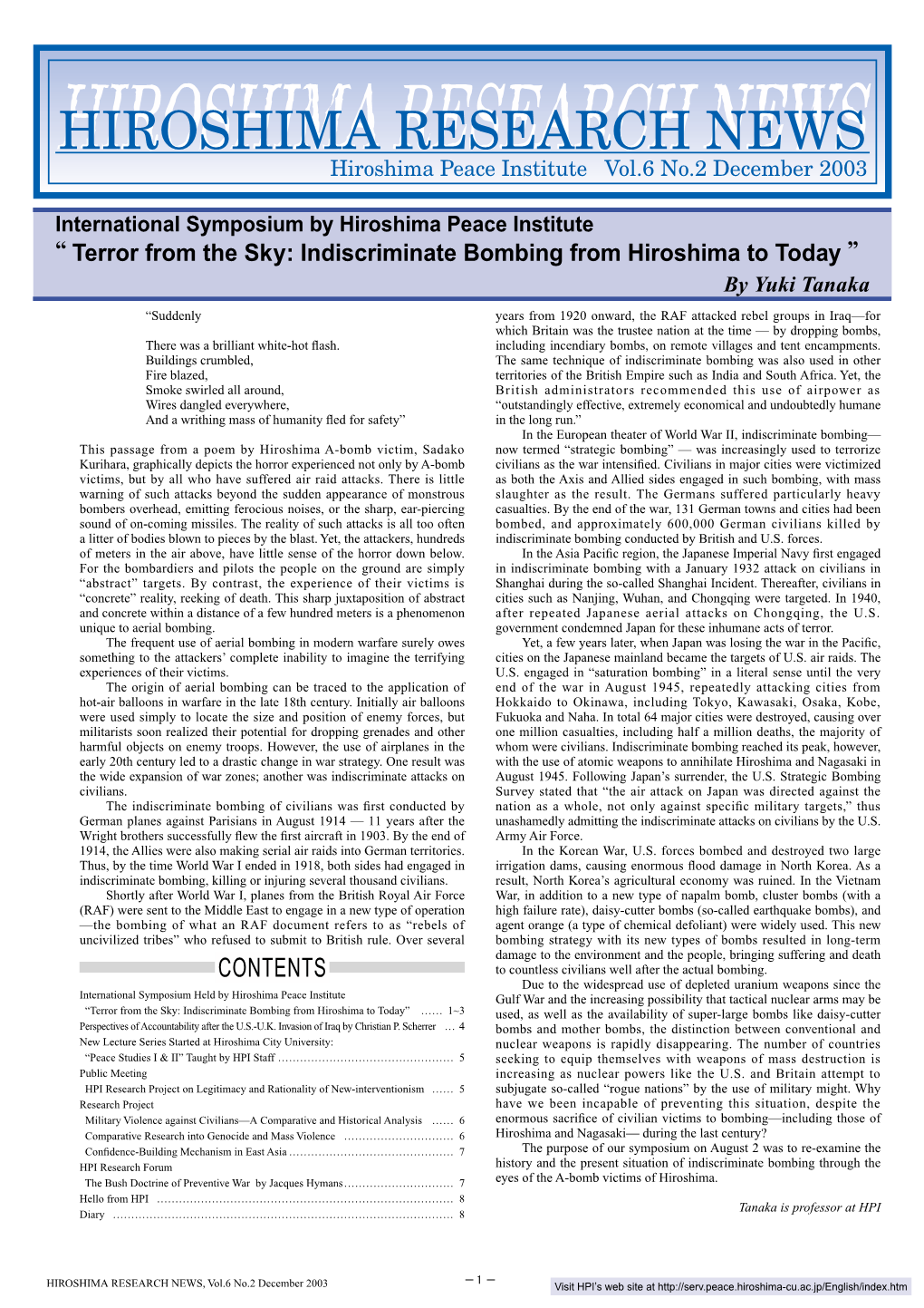 HIROSHIMA RESEARCH NEWS Hiroshima Peace Institute Vol.6 No.2 December 2003