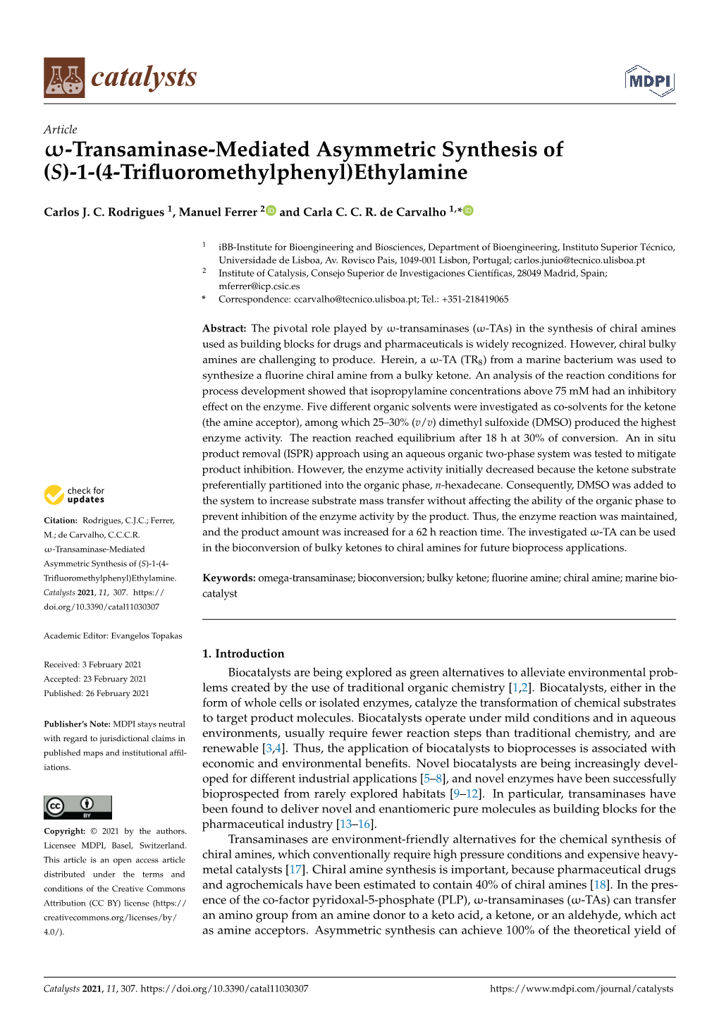 Transaminase-Mediated Asymmetric Synthesis of (S)-1-(4-Triﬂuoromethylphenyl)Ethylamine