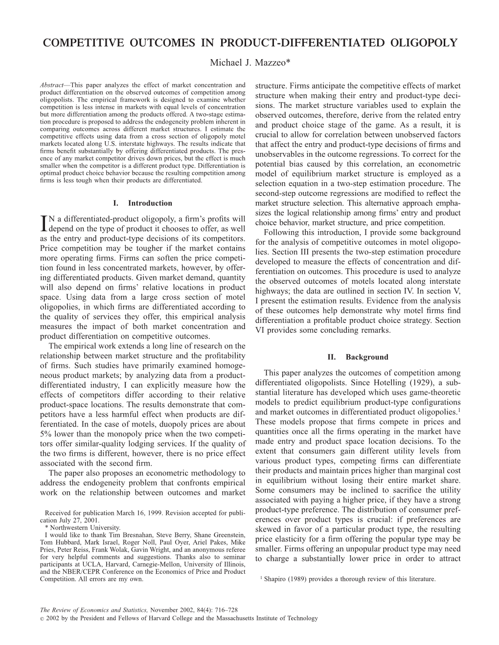 COMPETITIVE OUTCOMES in PRODUCT-DIFFERENTIATED OLIGOPOLY Michael J