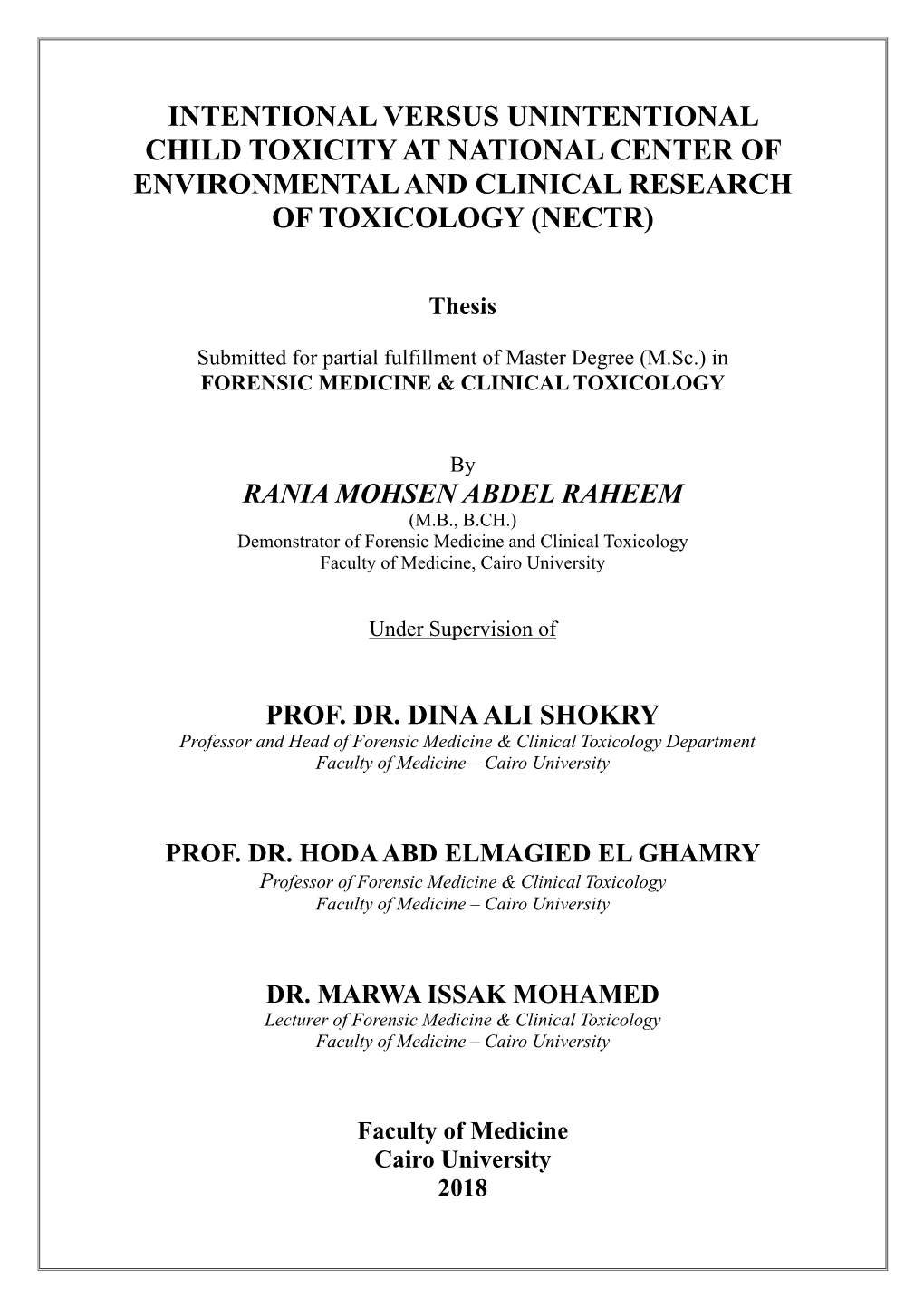 Intentional Versus Unintentional Child Toxicity at National Center of Environmental and Clinical Research of Toxicology (Nectr)