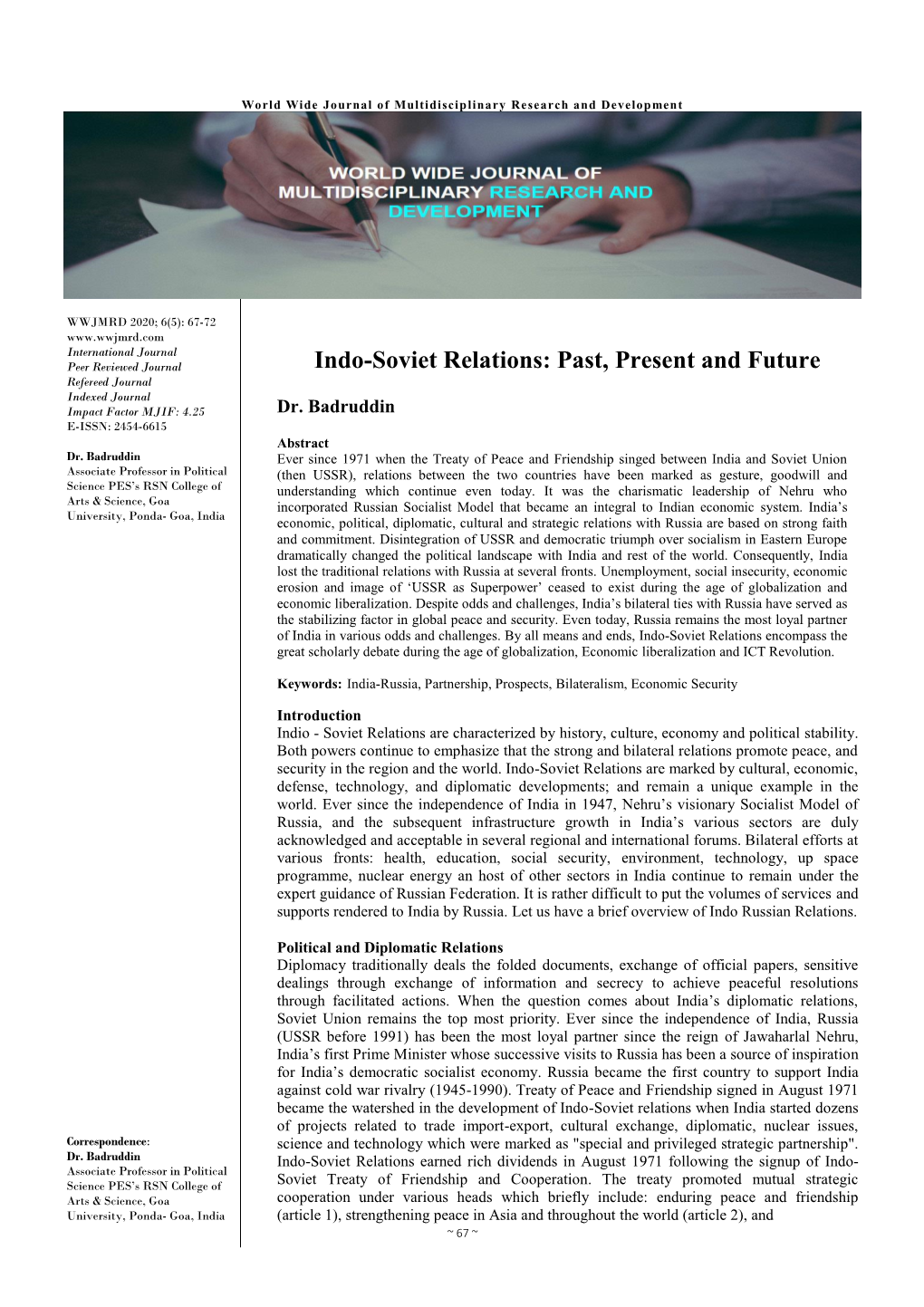 Indo-Soviet Relations: Past, Present and Future Refereed Journal Indexed Journal Impact Factor MJIF: 4.25 Dr