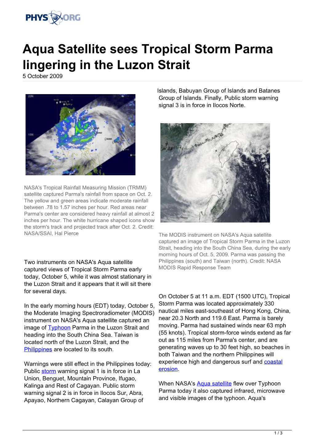 Aqua Satellite Sees Tropical Storm Parma Lingering in the Luzon Strait 5 October 2009