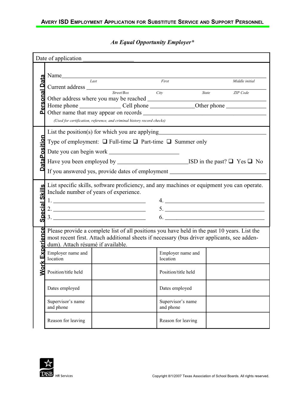 Employment Application for Service and Support Personnel