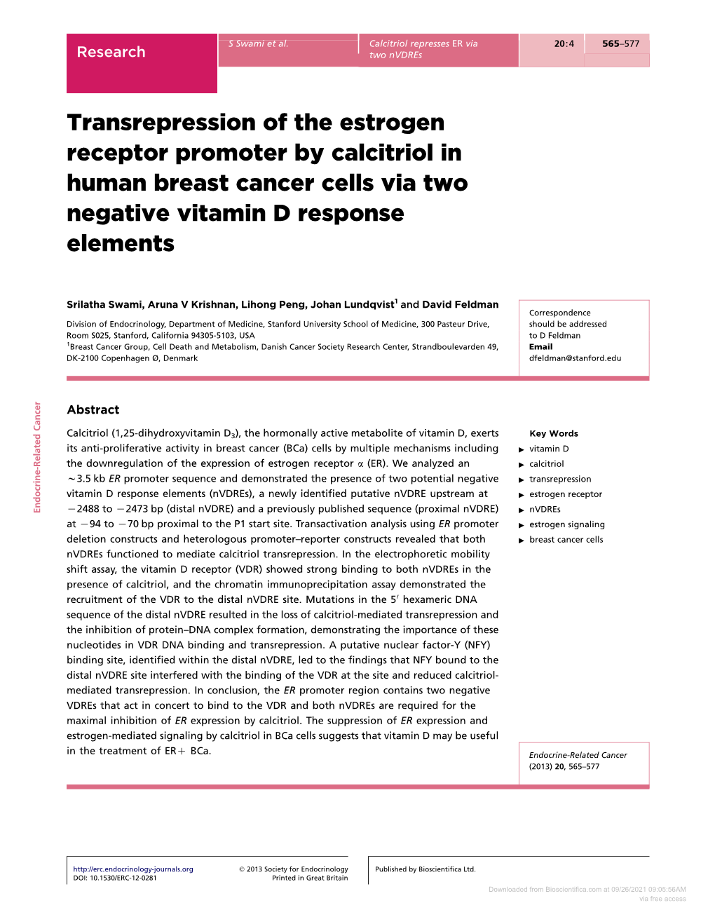 Transrepression of the Estrogen Receptor Promoter by Calcitriol in Human Breast Cancer Cells Via Two Negative Vitamin D Response Elements