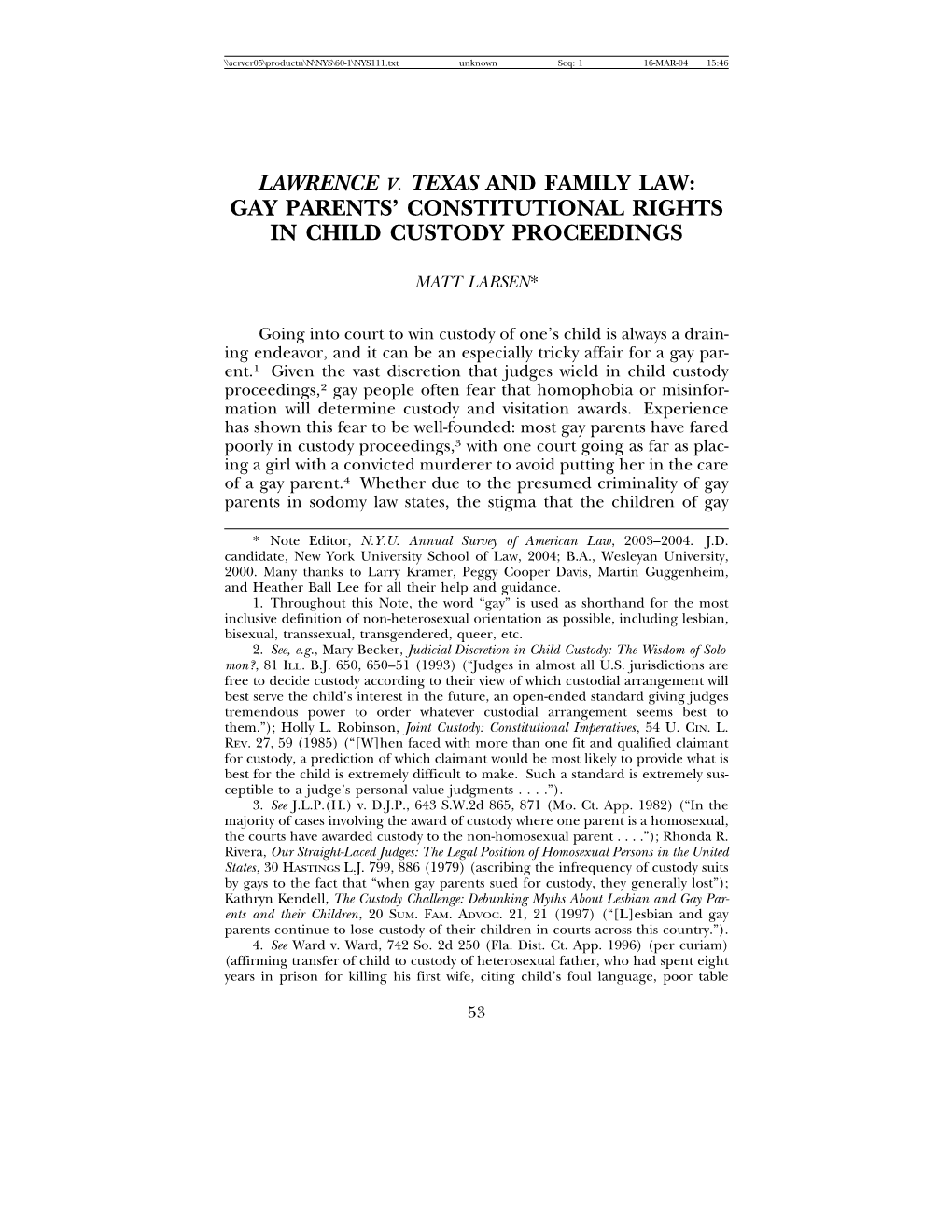 Lawrence V. Texas and Family Law: Gay Parents’ Constitutional Rights in Child Custody Proceedings