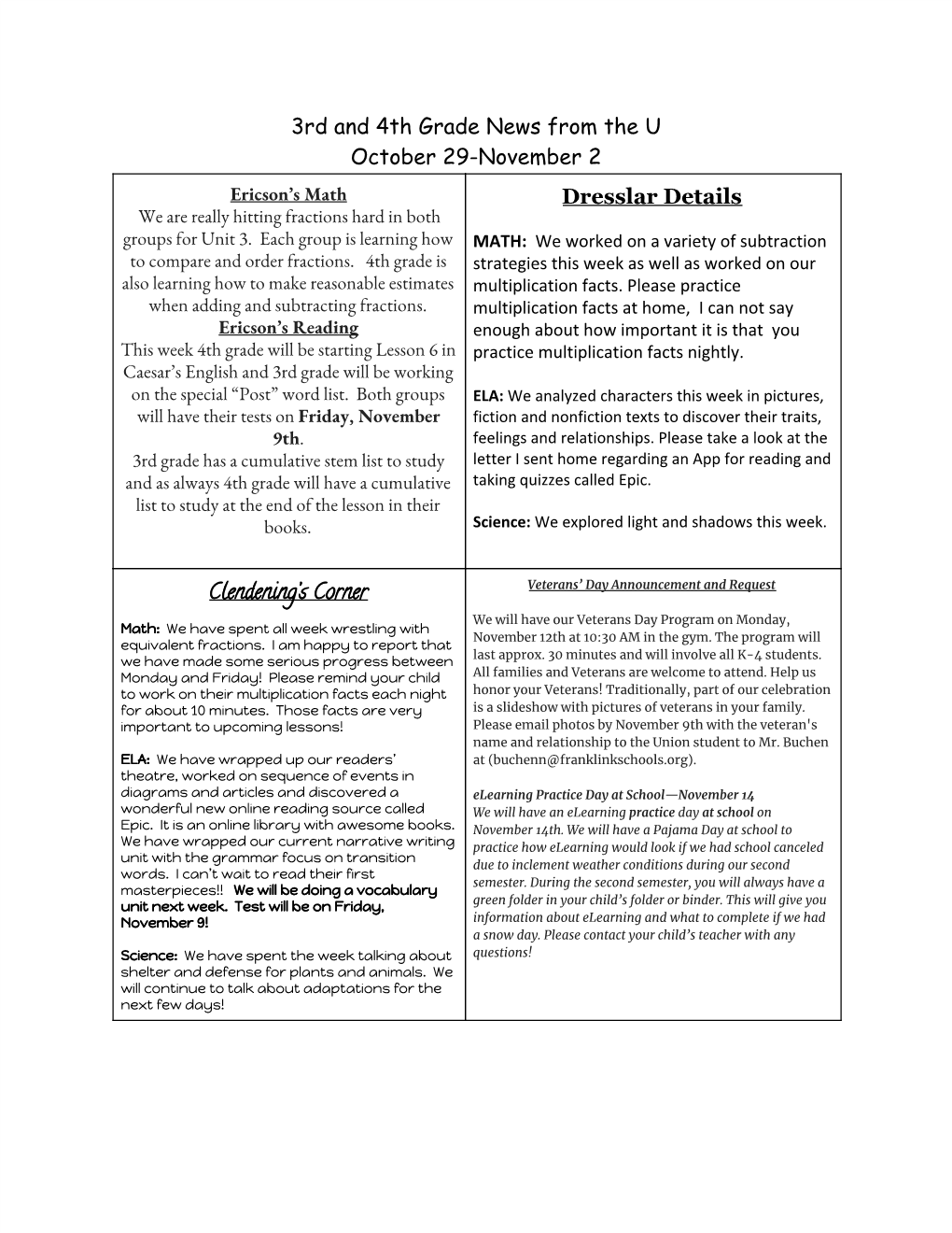 3Rd and 4Th Grade News from the U October 29-November 2 Dresslar