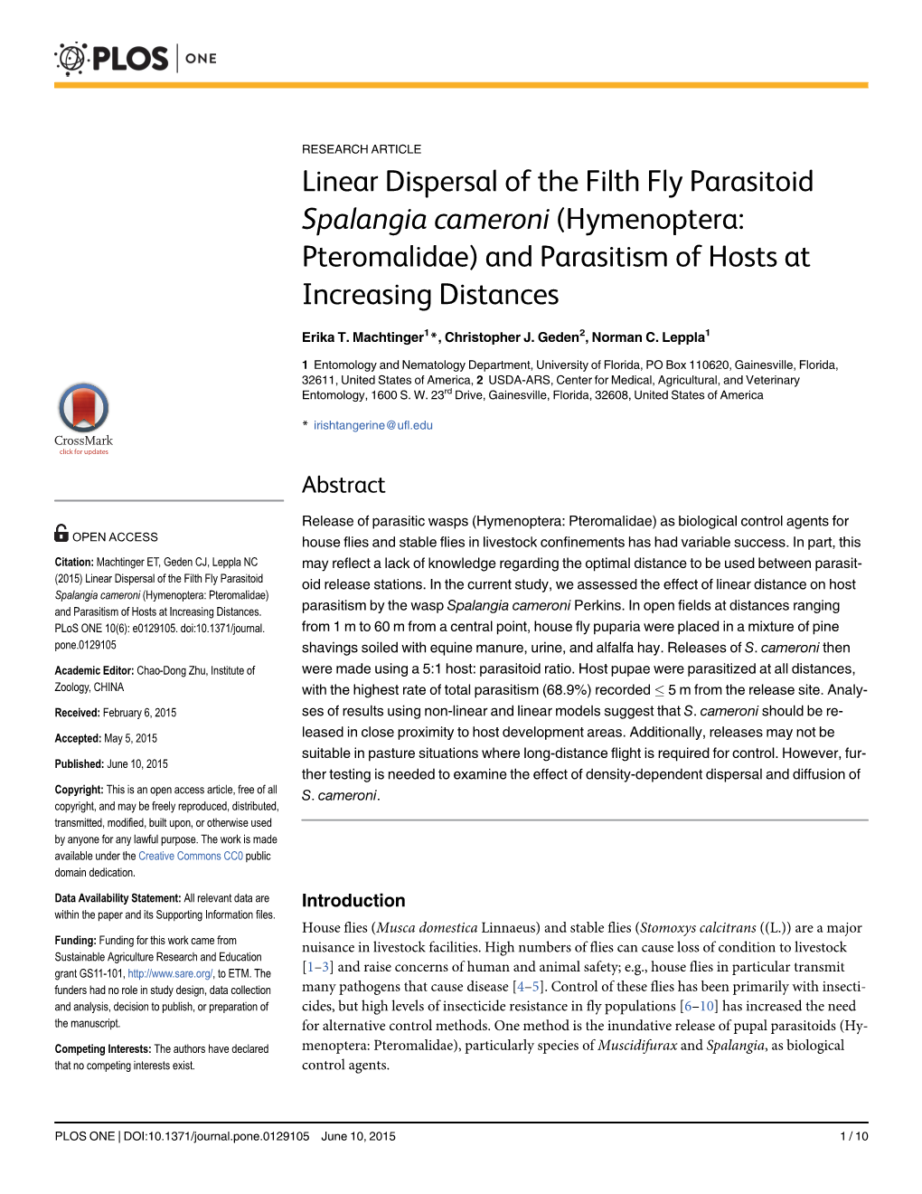 Spalangia Cameroni (Hymenoptera: Pteromalidae) and Parasitism of Hosts at Increasing Distances