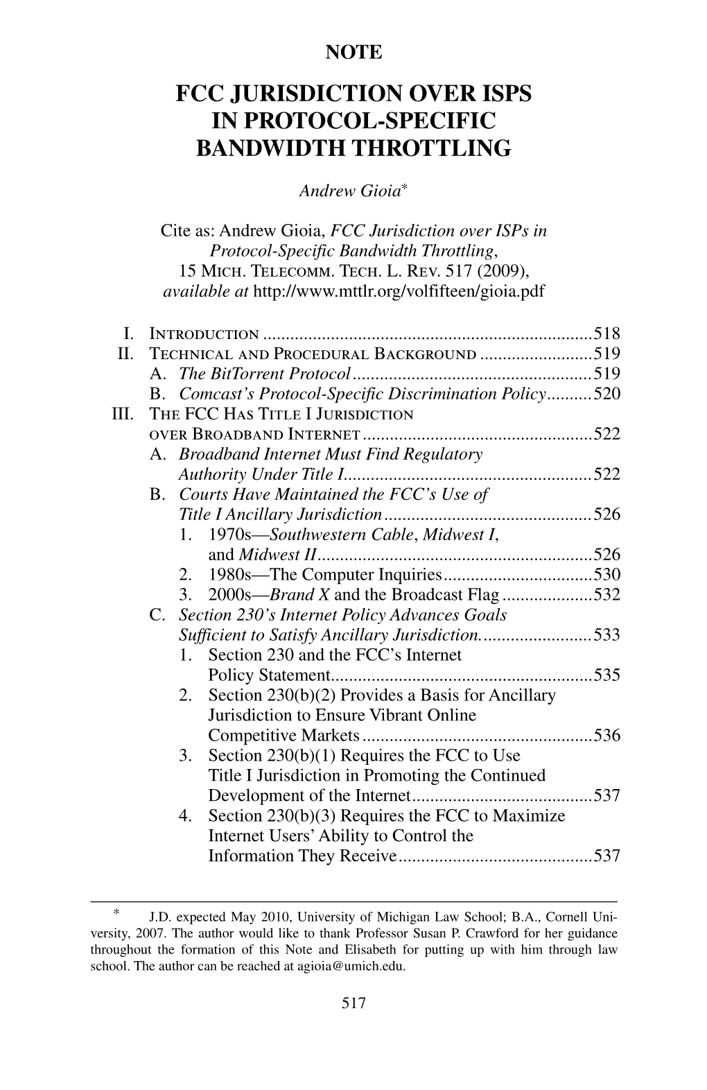 Fcc Jurisdiction Over Isps in Protocol-Specific Bandwidth Throttling