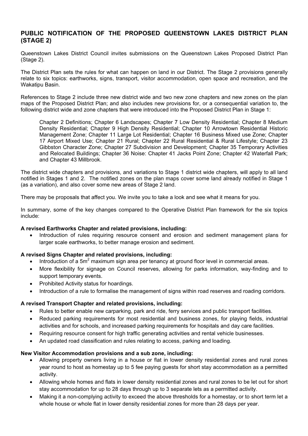 Public Notification of the Proposed Queenstown Lakes District Plan (Stage 2)