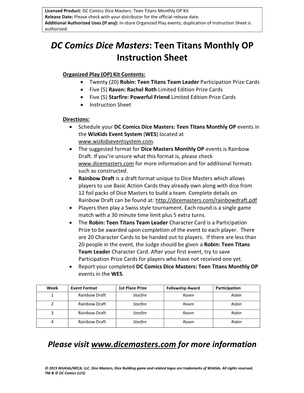 DC Comics Dice Masters: Teen Titans Monthly OP Instruction Sheet