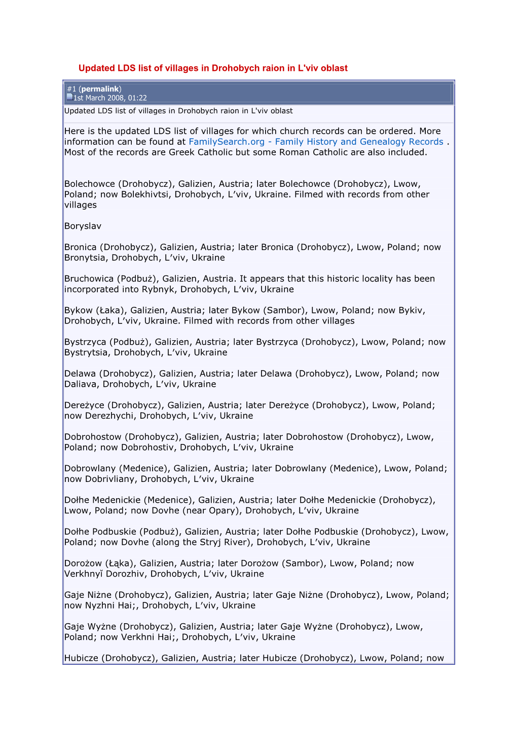 Updated List of Villages in Drohobycz Region