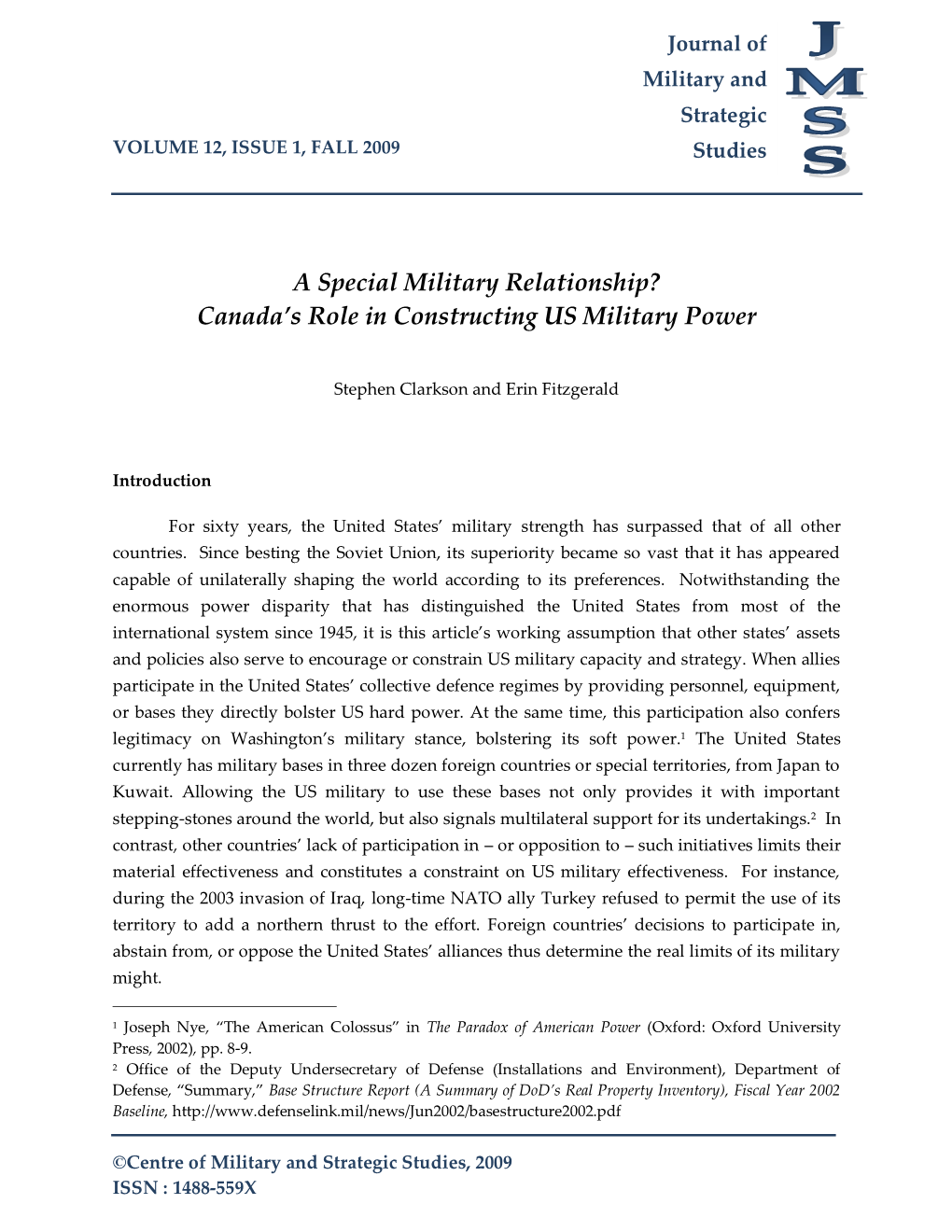 A Special Military Relationship? Canada's Role in Constructing US Military Power