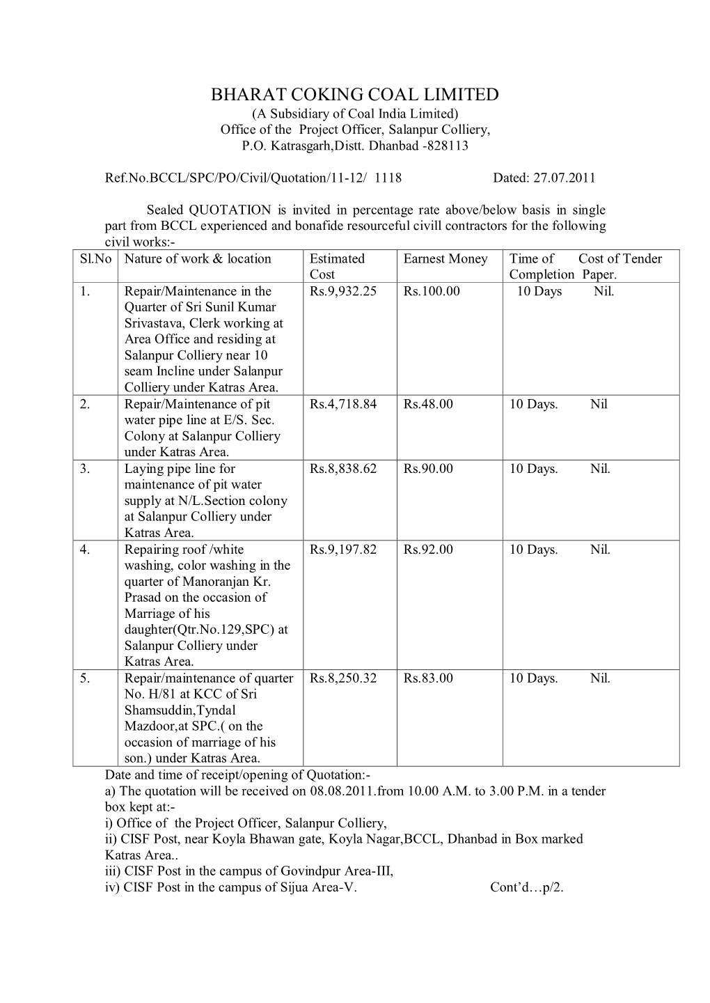 BHARAT COKING COAL LIMITED (A Subsidiary of Coal India Limited) Office of the Project Officer, Salanpur Colliery, P.O