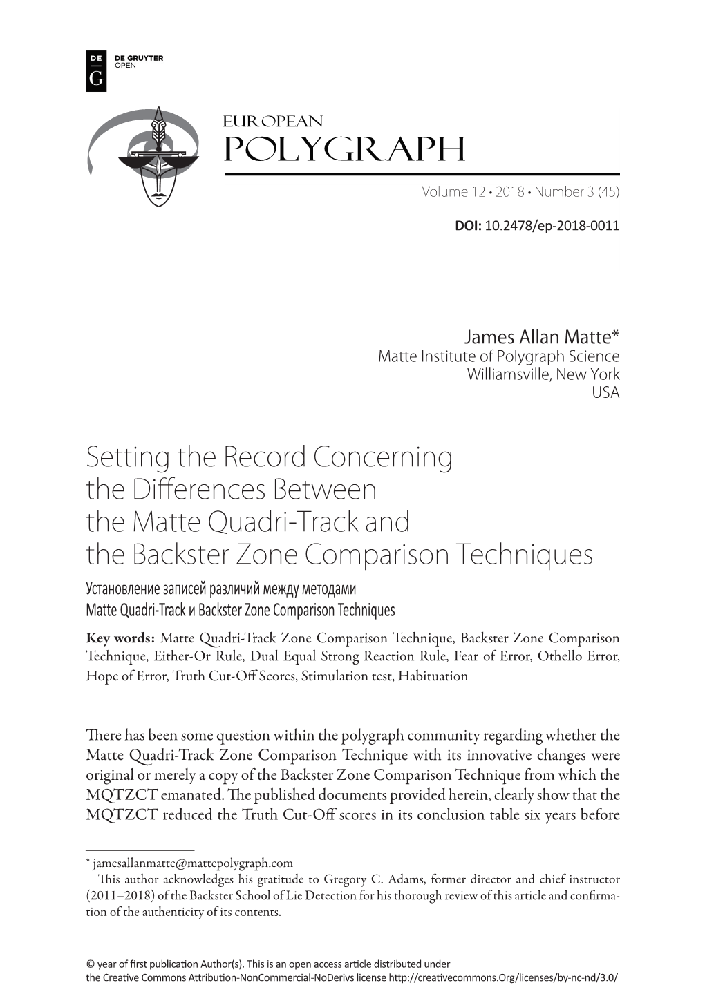 Setting the Record Concerning the Differences Between the Matte Quadri-Track and the Backster Zone Comparison