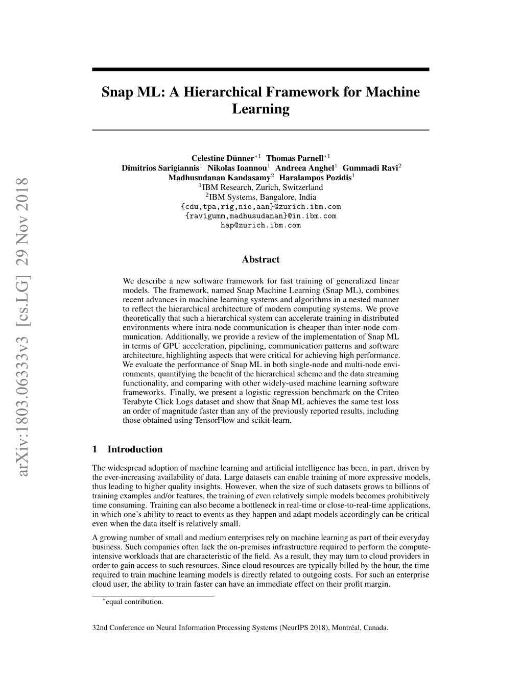 Snap ML: a Hierarchical Framework for Machine Learning