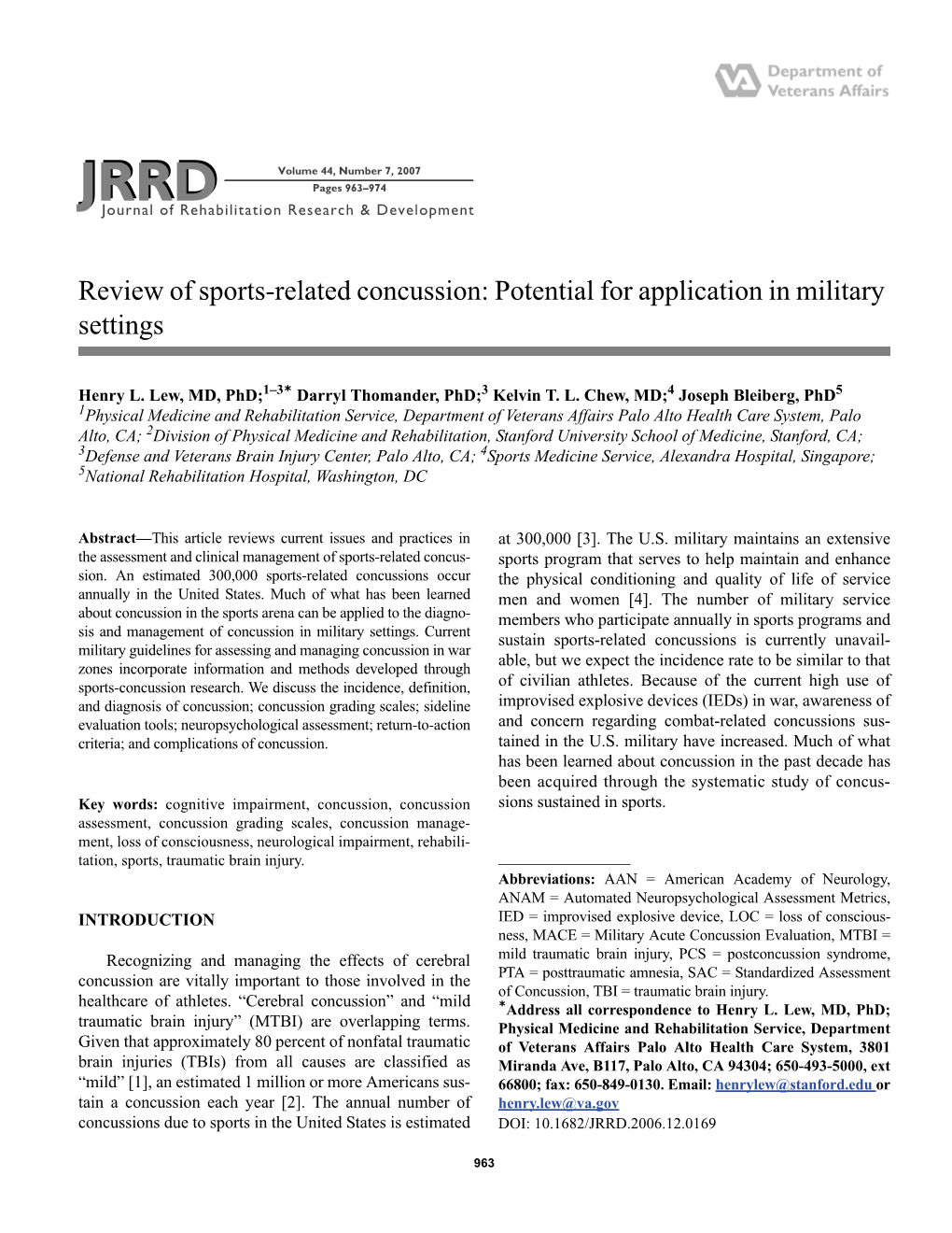 Review of Sports-Related Concussion: Potential for Application in Military Settings