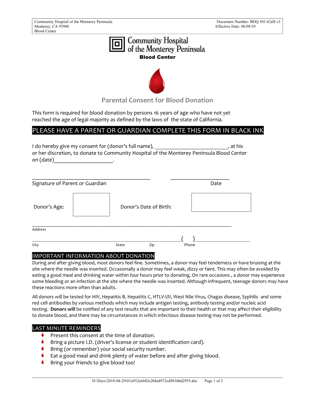 Blood Donor Consent and Release