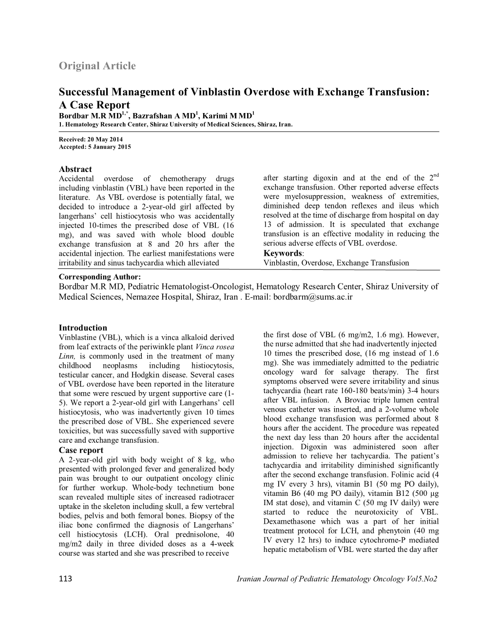 Original Article Successful Management of Vinblastin