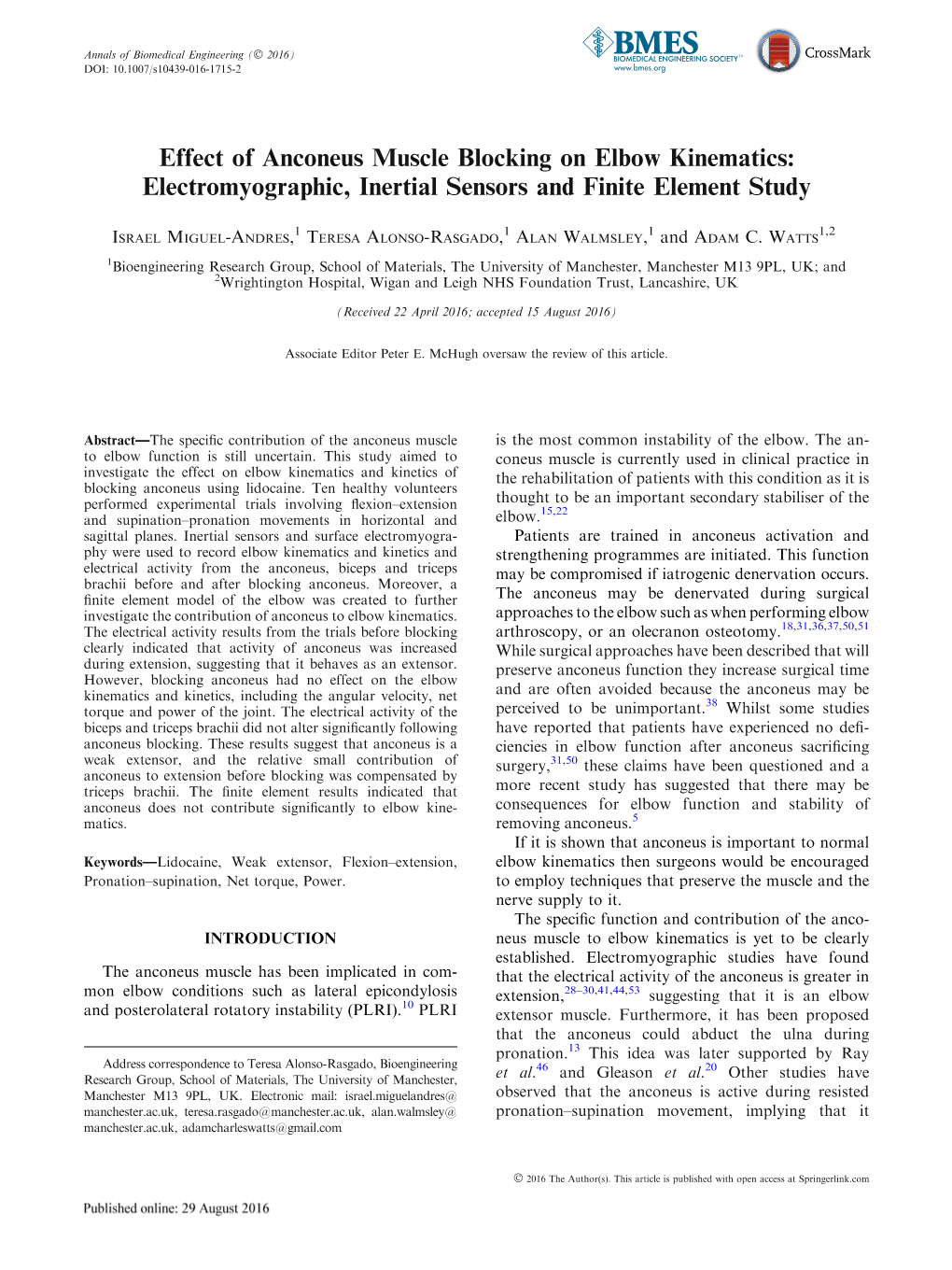 Effect of Anconeus Muscle Blocking on Elbow Kinematics: Electromyographic, Inertial Sensors and Finite Element Study