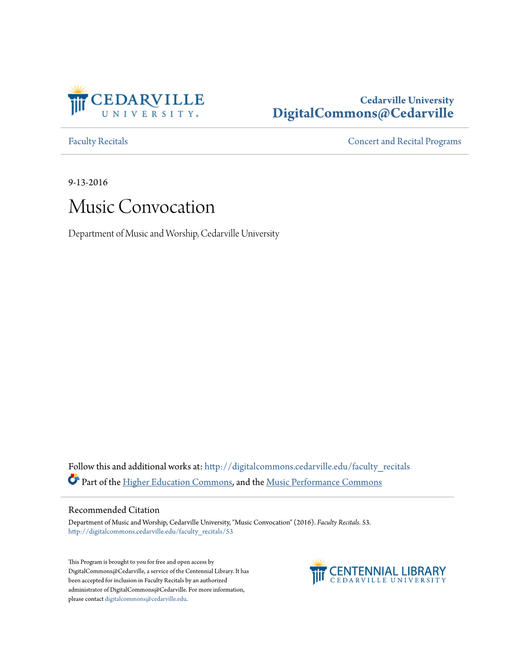 Music Convocation Department of Music and Worship, Cedarville University