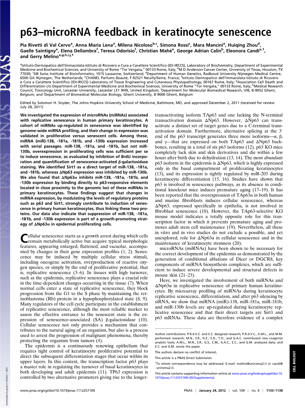 P63–Microrna Feedback in Keratinocyte Senescence