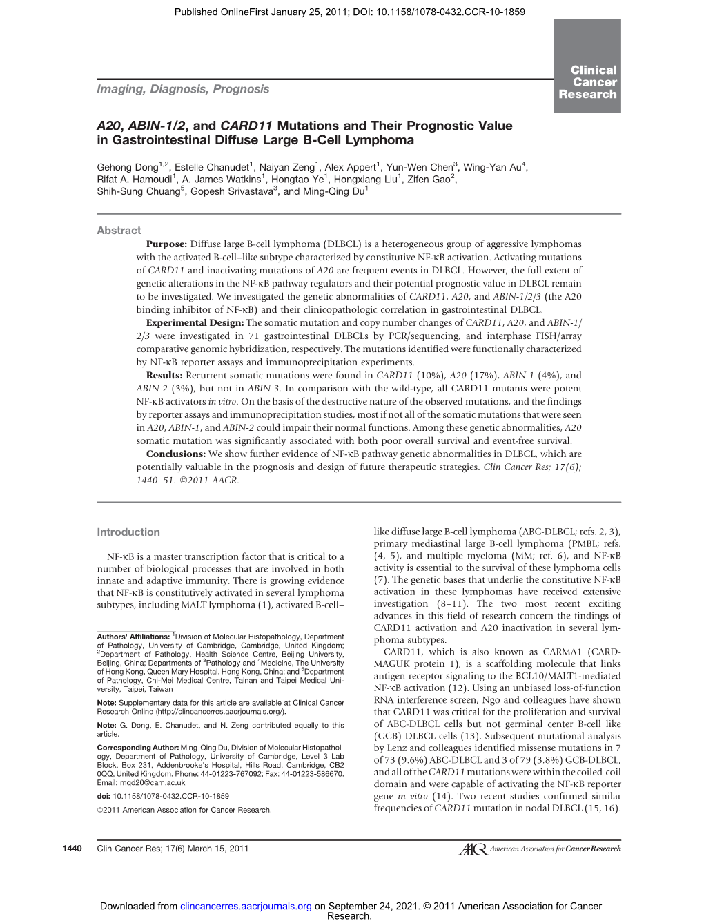 A20, ABIN-1/2, and CARD11 Mutations and Their Prognostic Value in Gastrointestinal Diffuse Large B-Cell Lymphoma