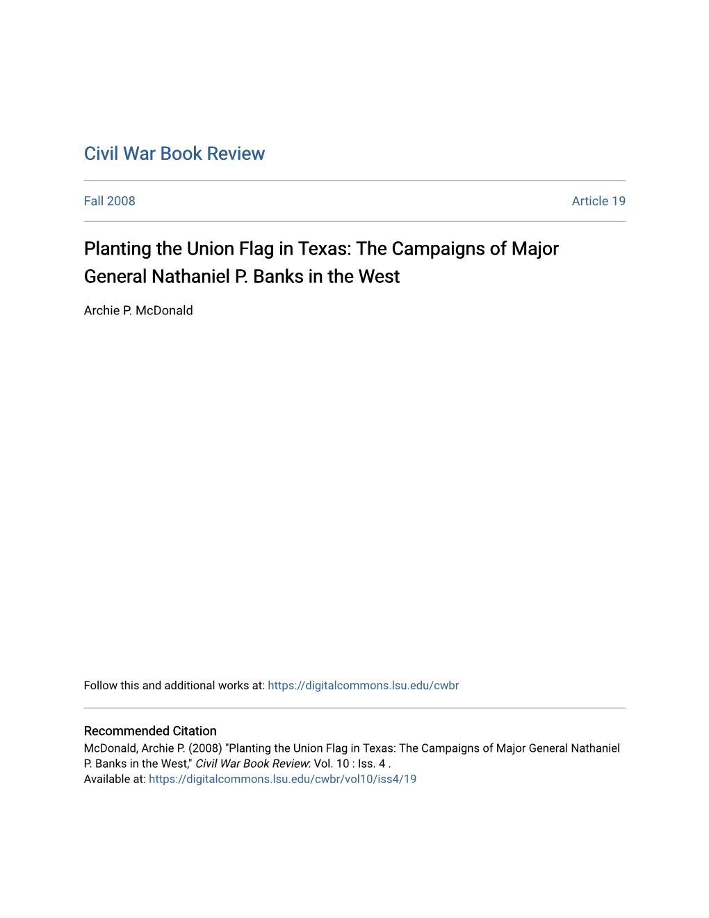 Planting the Union Flag in Texas: the Campaigns of Major General Nathaniel P