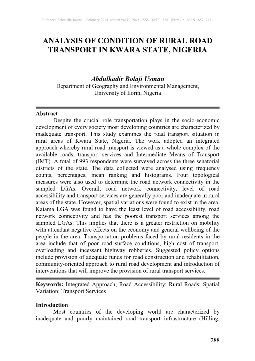 Analysis of Condition of Rural Road Transport in Kwara State, Nigeria