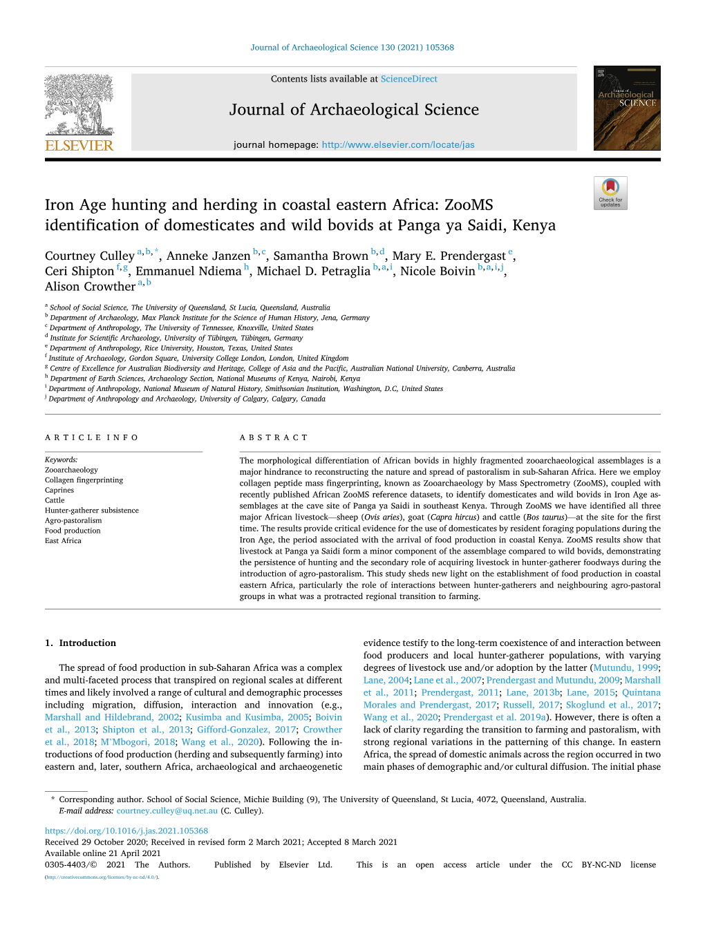 Iron Age Hunting and Herding in Coastal Eastern Africa: Zooms Identification of Domesticates and Wild Bovids at Panga Ya Saidi, Kenya