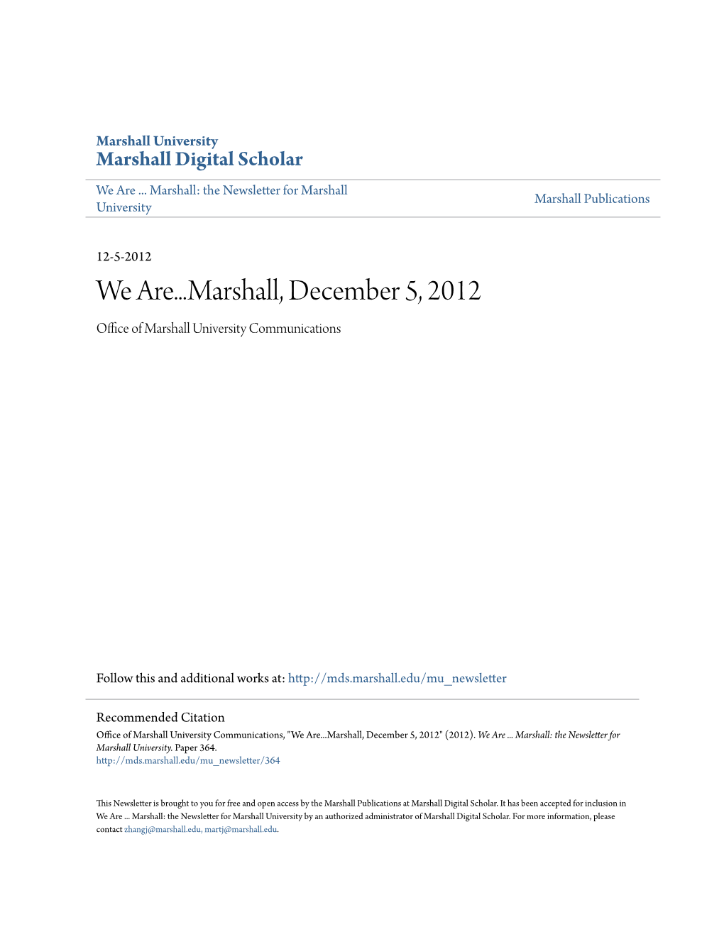 We Are...Marshall, December 5, 2012 Office Ofa M Rshall University Communications