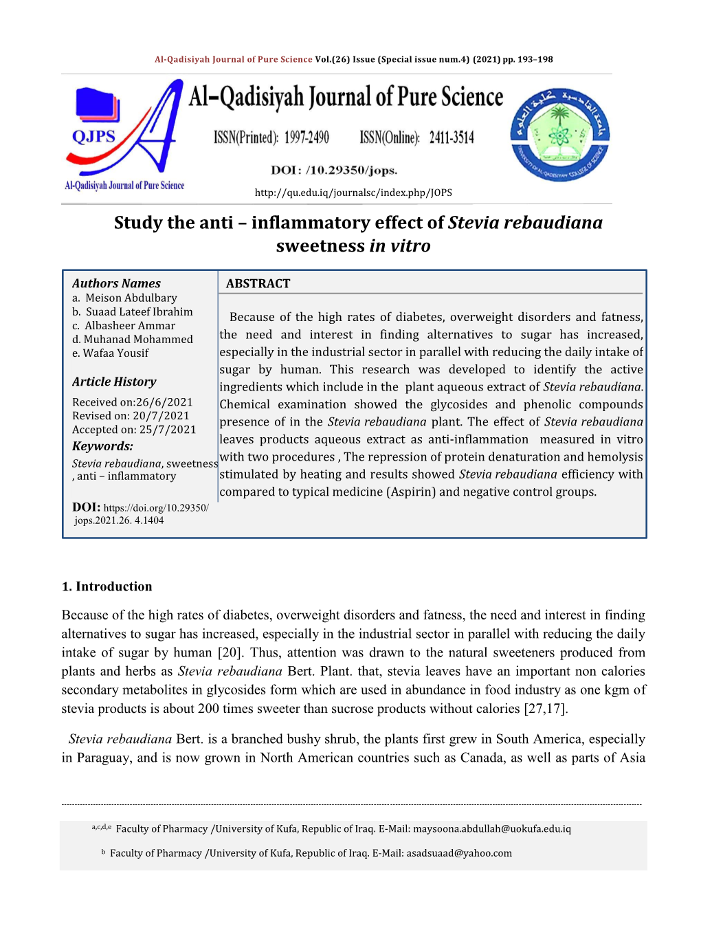 Study the Anti – Inflammatory Effect of Stevia Rebaudiana Sweetness in Vitro