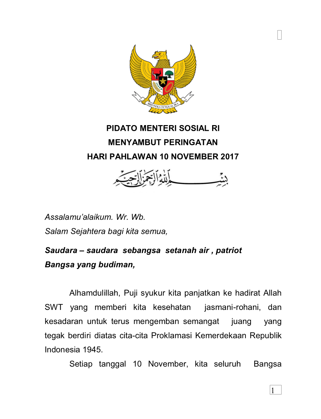 Pidato Menteri Sosial Ri Menyambut Peringatan Hari Pahlawan 10 November 2017