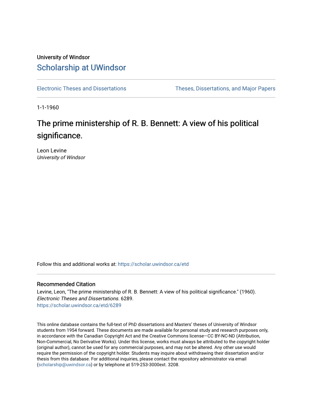 The Prime Ministership of R. B. Bennett: a View of His Political Significance